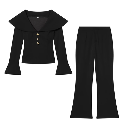 Women Elegant Office Top And Flared Trousers Big Lapel Metal Button Long Sleeve Polyester Commuter Fashion Apparel For Lady