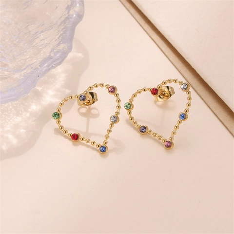 Orecchini A Lobo Cuore Acciaio Inossidabile Zircone Colorato Bordo Perlato Gioielli Eleganti Per Donna
