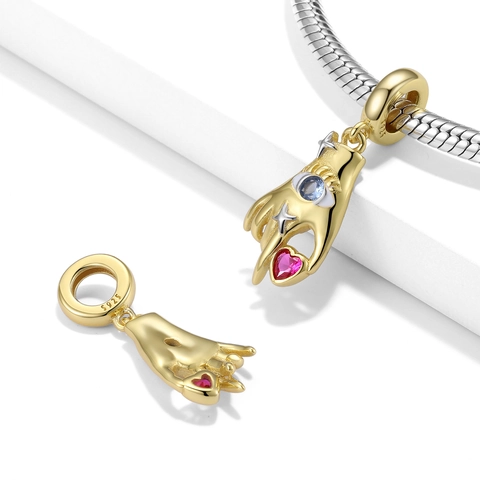 Ciondolo Mano Di Hamsa Malocchio Argento Sterling 925 Placcato Oro Zirconia Cuore Rosa Per Accessori Per Gioielli DIY