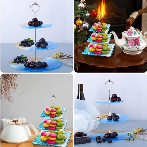 Tiered Tray Silicone Molds For Resin Casting DIY Cake Stand Fruit Plate With Metal Hardware Wavy Edge Square Round Shapes