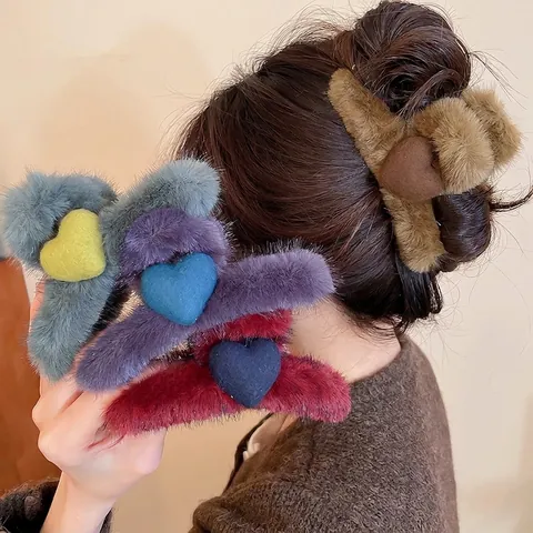 Molletta Per Capelli In Peluche Pelliccia Sintetica Acrilico Grande Cuore Elegante Accessori Per Capelli Inverno Autunno Donna