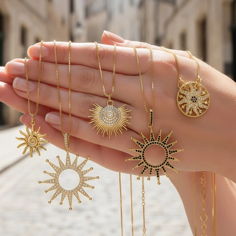 Punk Style Sun Octagram Pendant Necklace Copper Inlaid Zirconia Hollow Design Vintage Fashion Jewelry For Unisex Gift