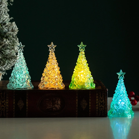 Glowing Mini Christmas Tree Night Light Crystal Texture Plastic Desktop Decor Star Topper Festive Holiday Ornament