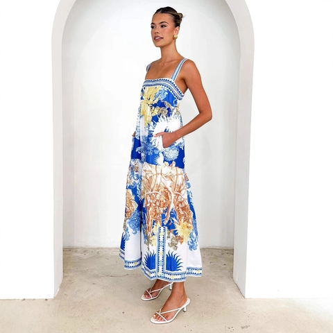 Women Floral Print Maxi Dress Polyester Mediterranean Style Square Neck Sleeveless Tiered Hem Vacation Beach Summer Long