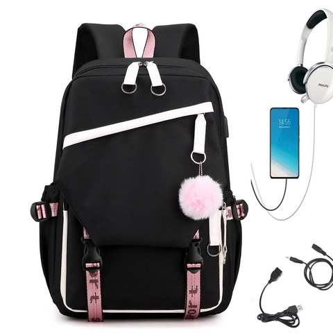 Fashion Contrast Color Nylon Backpack For Students Large Capacity With USB Port Headphone Jack And Plush Ball Pendant