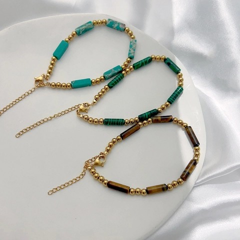 Natural Stone Tube Beaded Bracelet Stainless Steel Handmade Vintage French Style Adjustable Jewelry For Men Women