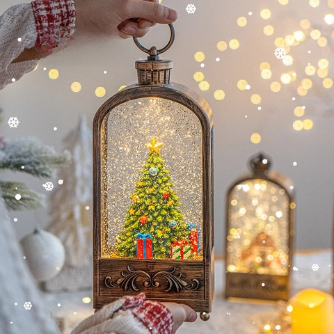 Christmas Snowing Lantern LED Retro Musical Snow Globe Tabletop Ornament Warm Light Glitter Effect Holiday Home Decor