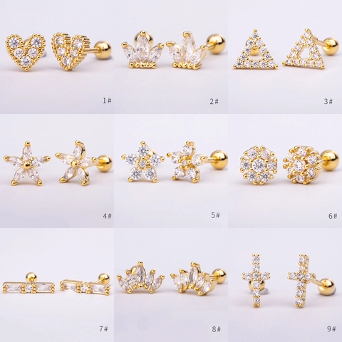 Gold Plated Copper Micro Inlaid Zirconia Stud Earrings For Women Stainless Steel Post Screw Back Piercing Jewelry Accessories