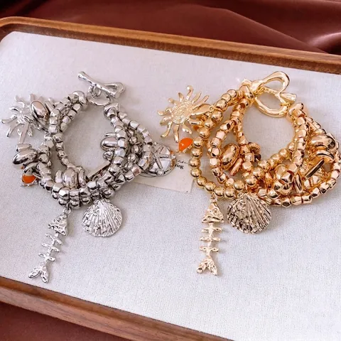 Vintage Multi Layer Alloy Beaded Bracelet With Sun Fishbone Shell Charms Bohemian Retro Style Jewelry For Women