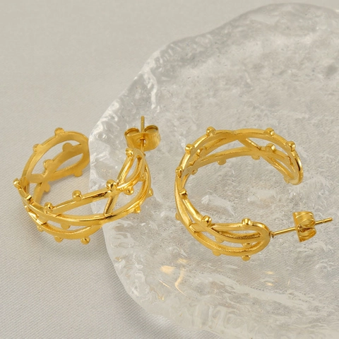 Stainless Steel C Shaped Hoop Earrings Gold Plated Hollow Braided Texture Vintage Boho Geometric Minimalist Jewelry Women
