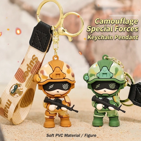 Spezialeinheit Soldaten Schlüsselanhänger 3D Cartoon Militärfigur PVC Weichgummi Mit Tarnarmband Schlüsselring Neuheit Geschenk