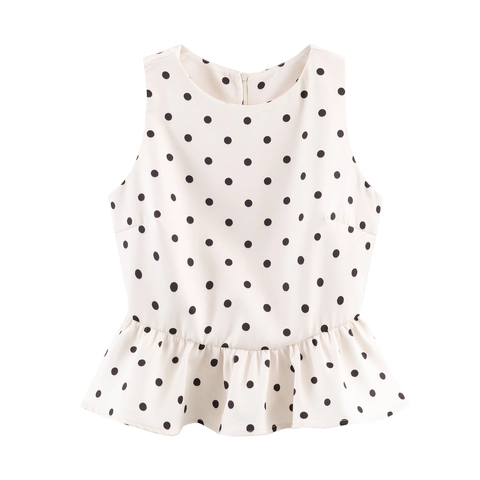 Polka Dot Peplum Top Mouwloos Polyester Ronde Hals Rits Achterzijde Elegant Taille Slank Vest Voor Dames