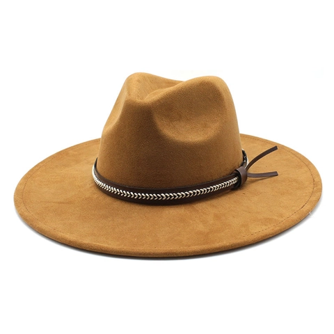 Women Wide Brim Fedora Hat Suede Felt British Retro Jazz Style With Decorative Weaving Leather Band Fashion Accessories
