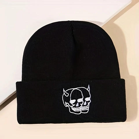 Knitted Beanie Hat Acrylic Devil Horn Skull Embroidery Winter Warm Outdoor Streetwear Gothic Punk Unisex Cuff Cap