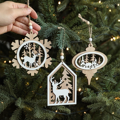 Ornamenti Natalizi Sospesi Legno Taglio Laser Renna Foresta Casa Doppio Strato Nordico Rustico Decorazioni Albero Perle Legno