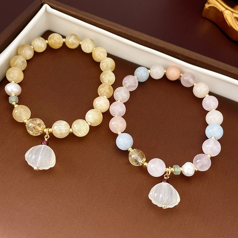 Pulsera De Cuentas De Piedra Natural Elegante Con Perla De Agua Dulce Y Colgante De Concha Tallada Joyería Para Mujer