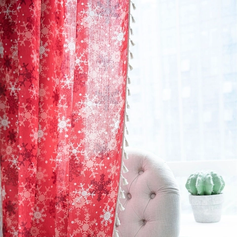 Rideau De Noël En Coton Et Lin Imprimé Flocon De Neige Rétro Semi Occultant Avec Gland Pour Chambre Salon Armoire