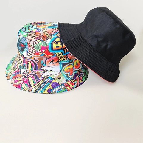 Bob Réversible Imprimé Graffiti Rétro 90s Coton Pliable Protection Solaire Extérieur Hip Hop Streetwear Unisexe