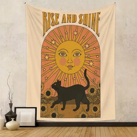 Retro Bohemian Tapestry Wall Hanging Polyester Mystical Sun Moon Black Cat Tarot Astrology Celestial Aesthetic Room Decor