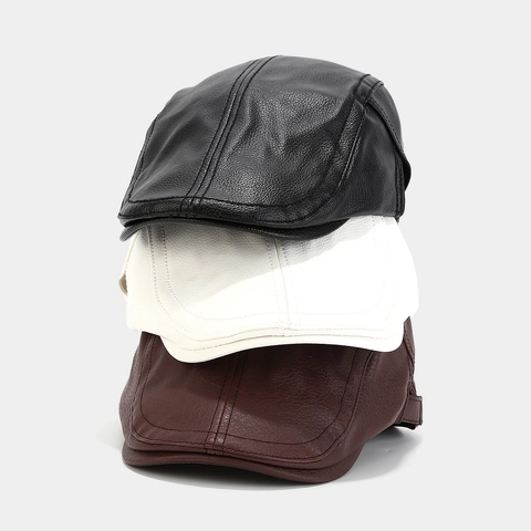 Vintage PU Leather Flat Cap Newsboy Ivy Hat Adjustable Solid Color British Retro Painter Style For Men And Women