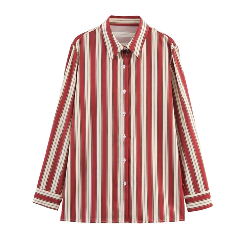 Camicia Da Donna A Righe Rosse Maniche Lunghe Risvolto Bottoni Vita Con Fiocco Camicetta Casual Elegante Poliestere