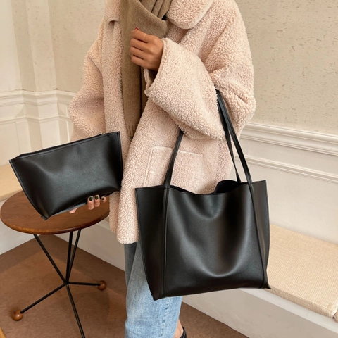 Large Capacity Tote Bag PU Leather Commuter Shoulder Handbag Vintage Simple Style Women Handbag With Inner Pouch