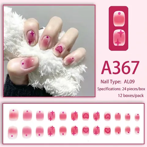Sweet Press On Nails Pink Purple Blush Gradient Heart Star Pattern Short Round ABS Plastic Removable False Nails With Glue