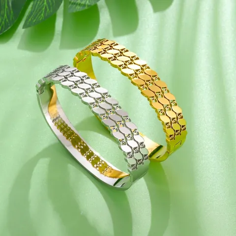 Bracciale Rigido a Tre File Ovale Cavo per Donna Gioielli in Acciaio al Titanio Placcato Oro Argento Semplice Accessorio Moda
