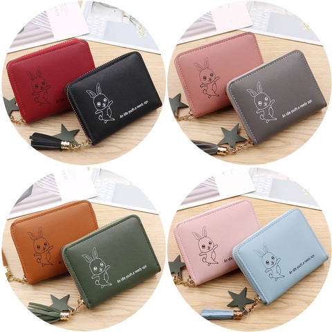Mini Münzbörse PU Leder Reißverschluss Kleiner Kurzer Geldbeutel Cartoon Hase Druck Mit Quaste Sternanhänger Für Frauen