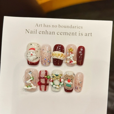 Unghie Finte Fatte Mano 3D Resina ABS Tema Natale Rosso Bianco Renna Babbo Natale Rilievo Glitter Unghie Festive