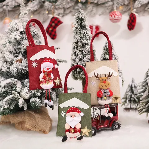 Borsa Regalo in Lino a Tema Natalizio Con Gambe Penzolanti 3D Babbo Natale Pupazzo di Neve Alce Manico a Scacchi Luce LED