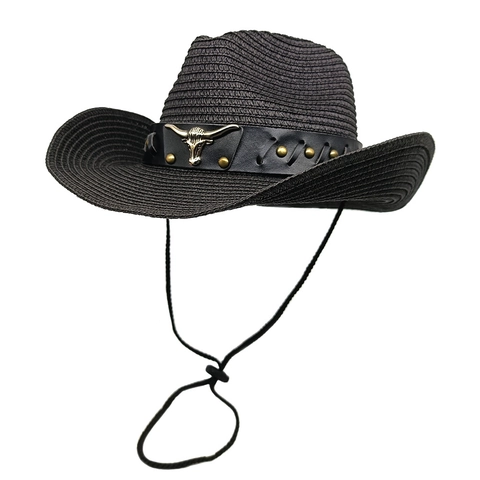Vintage Western Cowboy Hat Straw Woven Breathable Sunshade With Metal Bull Head Decor PU Leather Band Adjustable Chin Strap