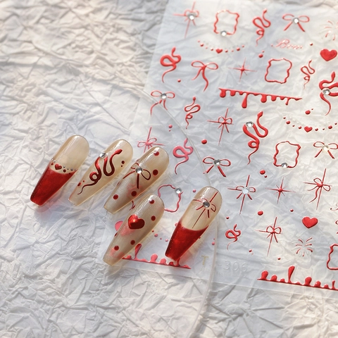 3D Reliëf Nagelkunst Stickers Rode Slang Strik Hart Ontwerp Zelfklevend Gothic Y2K Reliëf Manicure Decoratie
