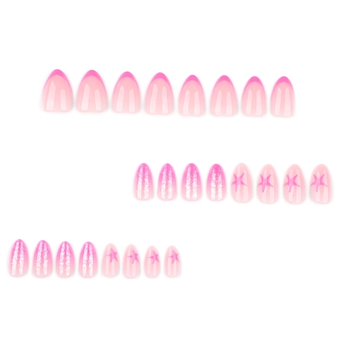 Press On Nails Pink Gradient French Almond Shape Plastic False Nail Tips With Glitter Star Pattern For Women