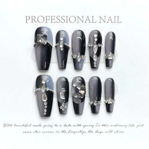 Uñas Postizas Dark Gothic Degradado Gris Negro Efecto Ojo De Gato Forma Ataúd Cruz Diamantes Imitación Cadena Metal Mujer