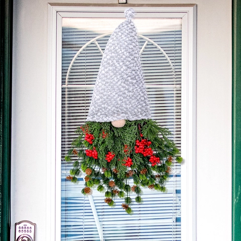 Christmas Gnome Door Swag Decoration With Artificial Greenery Red Berries Pine Cones Grey Patterned Fabric Hat Holiday Home Decor