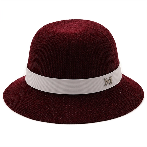 Women Chenille Knit Bucket Hat Warm Winter Cloche Hat Ribbon Trim Metal Letter Decor Vintage Elegant Short Brim