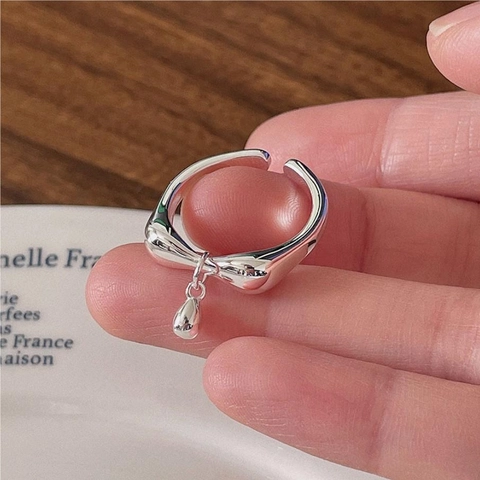 925 Sterling Silber Ring Minimalistisches Flüssigmetall Verstellbarer Offener Fingerring Mit Wassertropfen Anhänger
