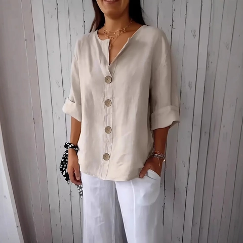 Women Blouse Cotton Linen Texture V Neck Large Buttons Summer Casual Loose Fit Top Solid Color Ladies Fashion Relaxed