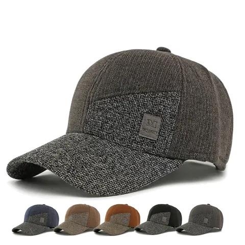 Winter Baseball Cap Fleece Lined Ear Protection Warm Peaked Hat Patchwork Tweed Texture Adjustable Outdoor Casual For Men Women