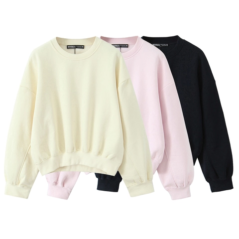 Women Round Neck Long Sleeve Sweatshirt Solid Color Soft Fleece Knit Pullover Casual Daily Streetwear Top