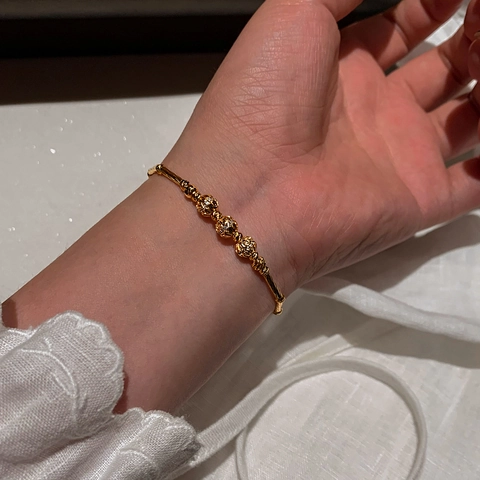 Bracciale A Snodo In Bambù Retrò Rame Placcato Oro Reale 18K Con Perline In Zircone Regolabile Per Donna