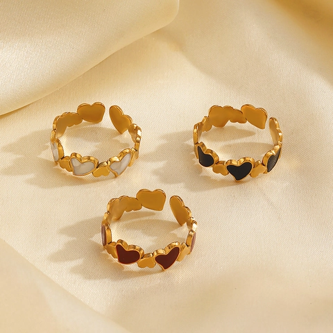Stainless Steel Heart Ring Gold Plated Enamel Drip Oil Adjustable Open Band Vintage Fashion Jewelry For Women