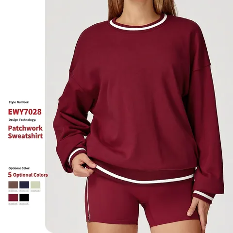 Damen Sweatshirt Baumwollmischung French Terry Rundhalsausschnitt Kontraststreifen Rippbündchen Lockerer Retro Sportliches Oberteil