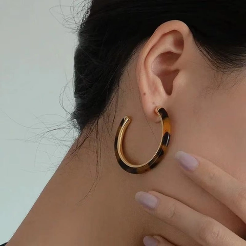 Vintage Tortoiseshell Resin C-Shaped Hoop Earrings Alloy Geometric Jewelry With 925 Sterling Silver Earring Post