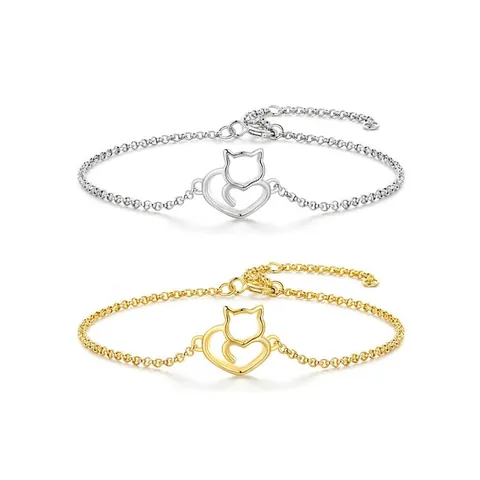 Bracciale Gatto E Cuore Cavo Argento Sterling 925 Gioielli Minimalisti Carino Animale Per Donne Ragazze