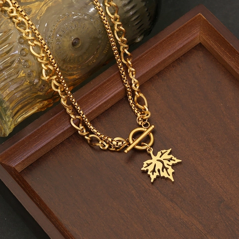 Bijoux Feuille Erable Collier Bracelet Boucles Oreilles Femmes Acier Inoxydable Plaque Or Double Couche Fermoir Toggle
