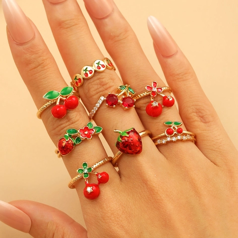 Bague Ouverte Mignonne de Style Japonais Cerise Fraise Réglable Zirconia Incrusté Cuivre Plaqué Or Double Couche Doux Bijoux Bague pour Femme