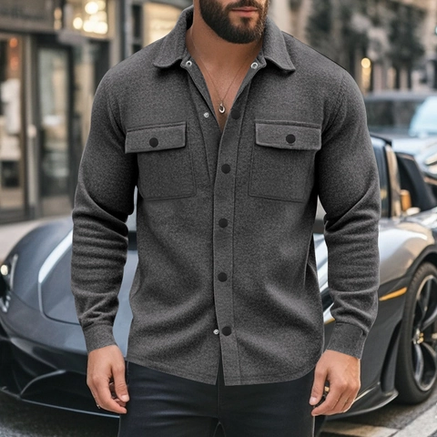 Men Shacket Jacket Brushed Soft Long Sleeve Button Down Lapel Slim Fit Chest Pockets Casual Outerwear Autumn Winter