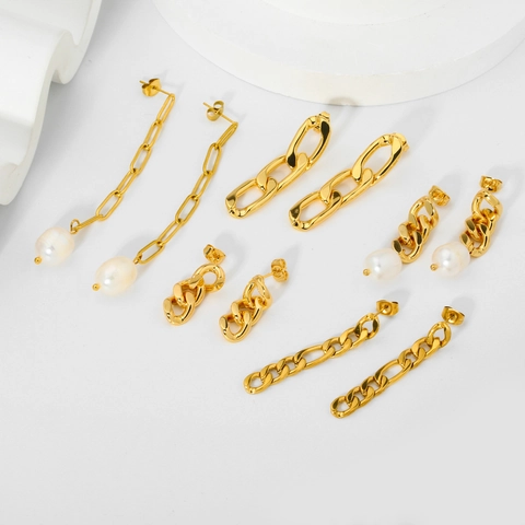 Edelstahl Panzerkette Und Künstliche Perle Ohrringe 18K Vergoldet Wasserdicht Hypoallergen Schmuck Für Damen